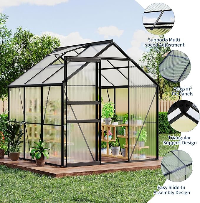 CABIHOME 6 x 6 FT Greenhouses for Outside, Polycarbonate Greenhouse with Aluminum Frame, Sliding Door, Adjustable Roof Vent, Backyard Green Houses, Patio Garden, Black