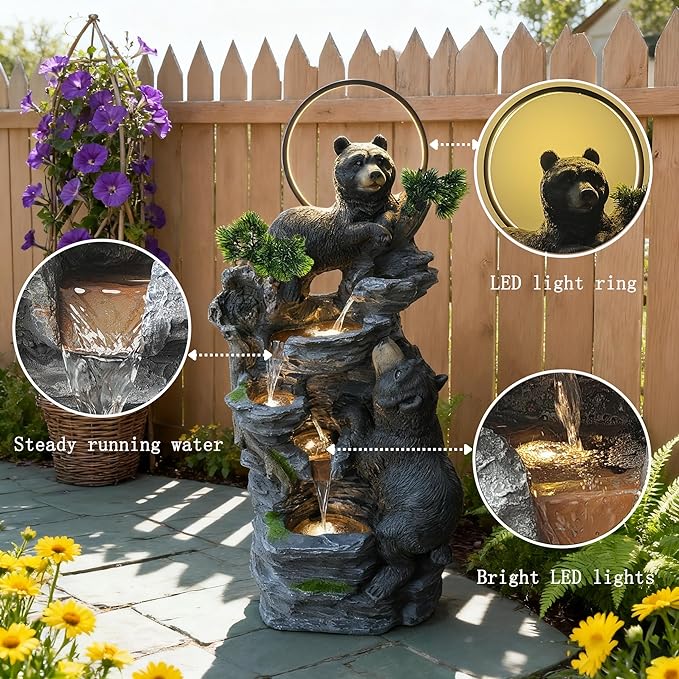 38.2" H Bear Outdoor Fountain with LED Lights and Five Tiered Waterfall Water Features,Suitable for Courtyard,Gardenand Indoor Decoration