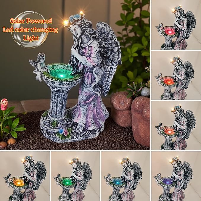 Evursua Garden Angel Decor 12 Inch Solar Fairy Outdoor Statue with Fountain Light Color Changing, Solar Lights Yard Decoration for Front Porch Flowerpot Patio Ornaments, Home Decor Gifts for New Year