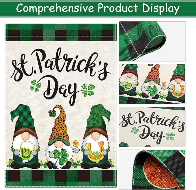 Boao 2 Pieces St Patrick's Day Garden Flag Gnome Shamrock 18 x 12 Inch Yard Flag Irish Green Shamrock Garden Flag Double Sided Decorative Garden Flag for St. Patrick's Day Outdoor Decoration