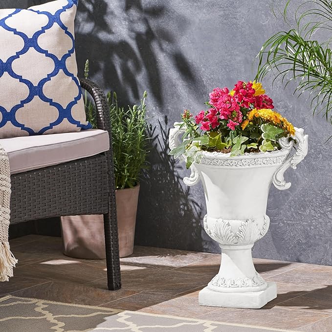 Merax 19.25'' Tall Elegant Roman Style Lightweight Concrete Planter with Botanical Accents, Square Indoor Outdoor Flower Pot with Drainage Hole & Stopper, White