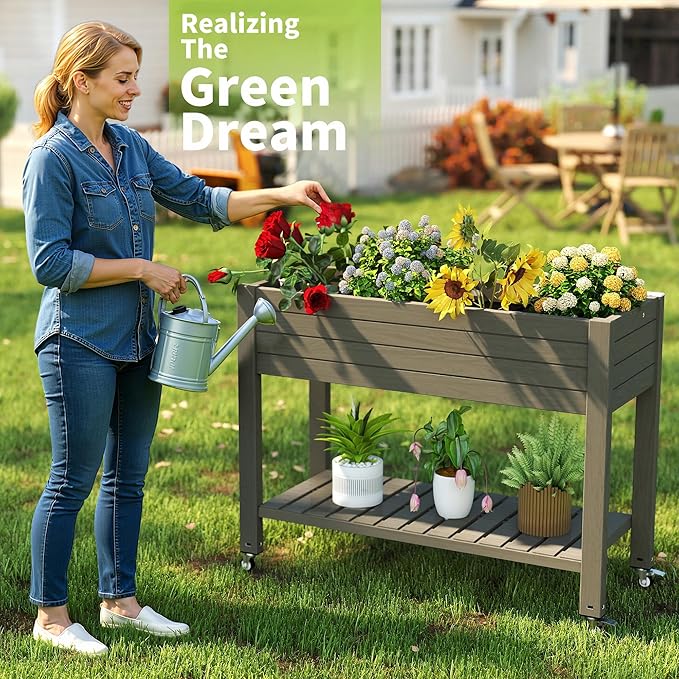 GYMHILL Elevated Raised Garden Bed with Wheels,Outdoor Large Resin Patio Planter Box Stand Divisible with Drain Plug,Water Monitor for Plants Vegetables Flowers Fruits(Grey,43.31 * 17.72 * 33.66)