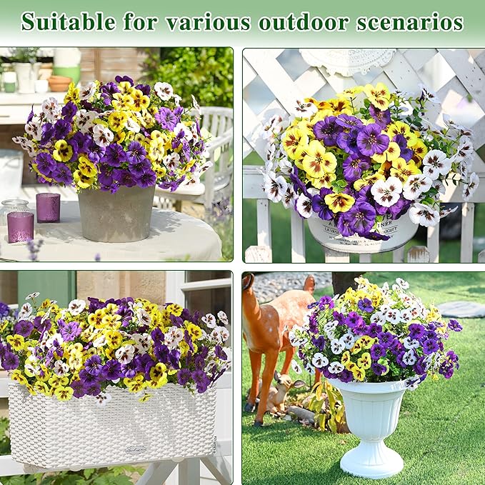Waipfaru 20 Bundles Artificial Pansy Flowers for Outdoor, UV Resistant Faux Silk Flowers for Outdoor Planters Front Door Porch Yard Patio Window Box Home Decor (Purple, Yellow, White)