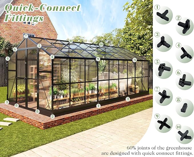 Jocisland 8x18 FT Polycarbonate Greenhouse with Quick-Connect Fittings, Walk-in Large Aluminum Sunroom with 2 Swing Doors, Winter Greenhouse for Outdoors Black