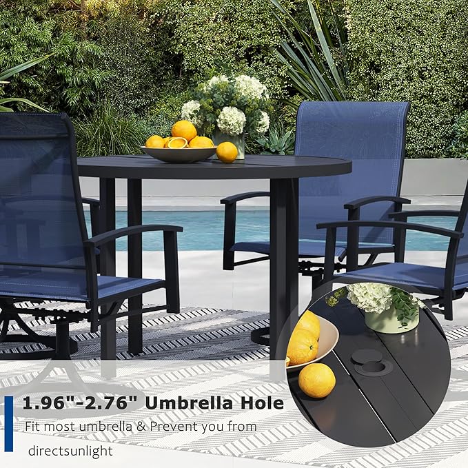 9 Pieces Outdoor Table and Chairs for 8, 60" Black Round Table with 8 Blue Swivel Chairs, Patio Set with Swivel Chair, Garden Tables for Outdoor, Patio Dining Set for Lawn Backyard Poolside