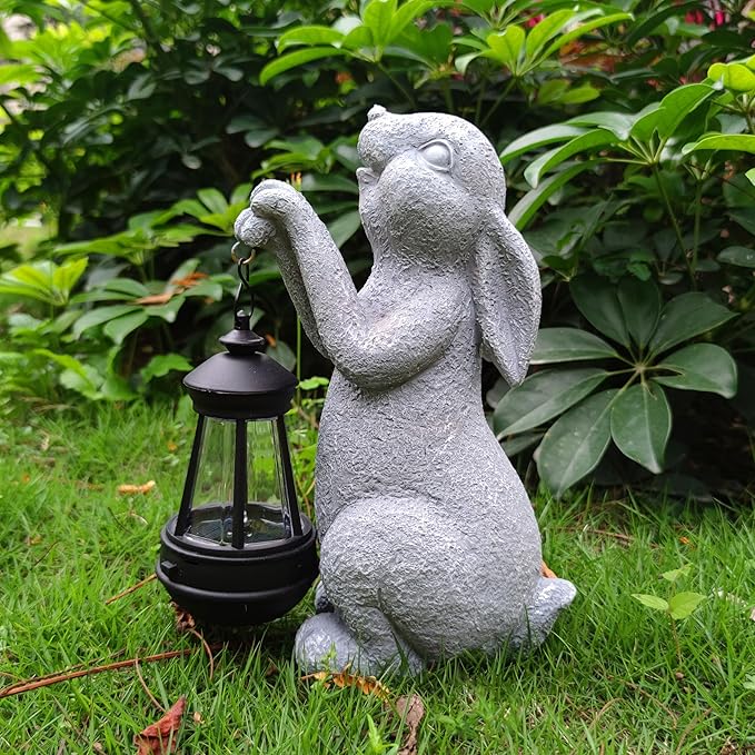 Qobumy Rabbit Solar Garden Statues,Resin Rabbit Figurine Decorations with Solar Lights Lantern, Outdoor Figurines Lawn Garden Statue Decor Art for Lawn,Yard, Balcony Ornament.