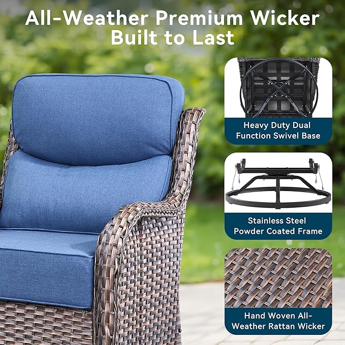 Luxury High Back Outdoor Furniture 6-Inch Thick Cushions with 50,000 BTU Gas Propane Fire Pit Tablet, Patio Furniture Set with Swivel Chairs, for Porch, Balcony, Deck and Yard