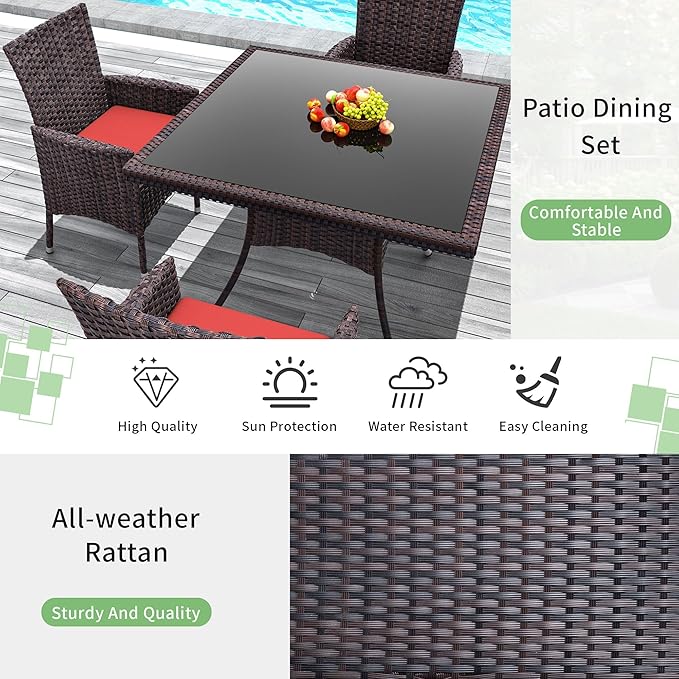 10 Piece Outdoor Dining Set,Rattan Patio Conversation Set of 8 Chairs,Patio Dining Table and Chairs w/Cushions,Square Glass Tabletop,Umbrella Cutout for Patio,Red