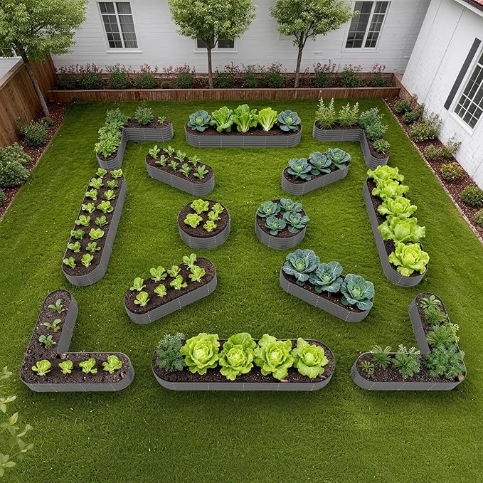 A ANLEOLIFE 14-Piece 18 Inch Tall Raised Garden Beds Kit, Heart-Shaped, Long Oval & Round Metal Planters – Ideal for Creative Garden Layouts, Quartz Grey