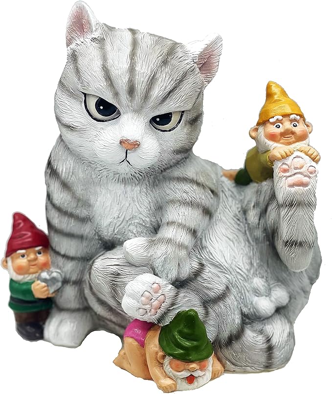 FICITI Add a Playful Touch to Your Garden with Our Cat and Gnomes Garden Statue - Perfect for Cat Lovers and Garden Enthusiasts - 8.5 Inces