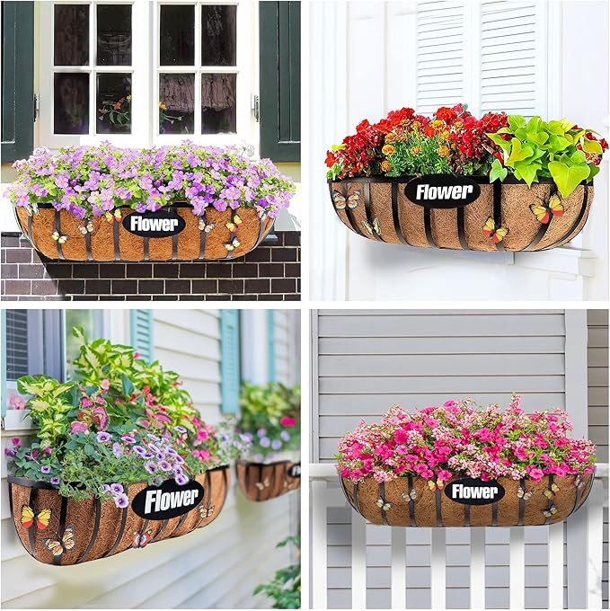 2pcs 24" Window Box Deck Railing Planter with Coco Liner, Metal Hanging Flower Planter Window Basket, Wall Planters Boxes with Horse Trough Coco Liner for Outdoor Indoor Balcony Porch Fence