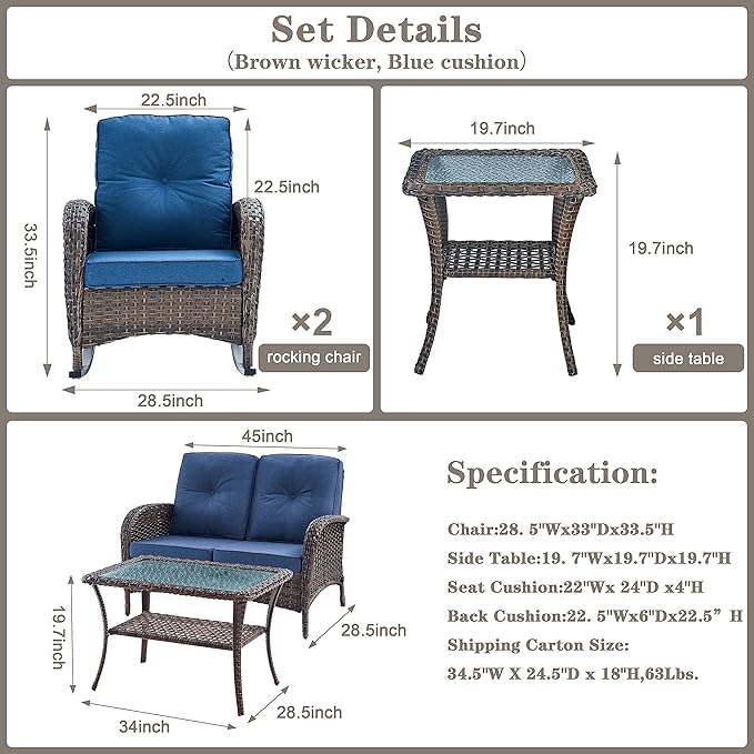 Belord Patio Wicker Furniture with Rocking Chairs Loveseat, 5 Piece Rattan Furniture Outdoor Table and Rocking Chairs Set for Patio Deck Porch Backyard Brwon/Blue