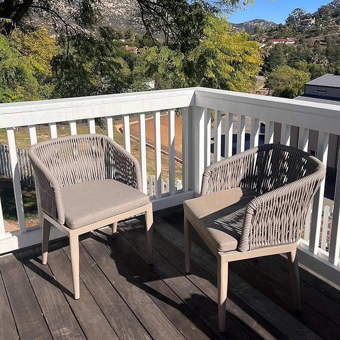PURPLE LEAF 2 Pieces Outdoor Dining Chair All-Weather Wicker Aluminum Frame Patio Dining Chair for Lawn Garden Backyard Deck with Cushion, Champagne Armchair