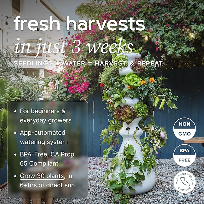 Farmstand Starter Kit + 30 Seedling Credits | Family Hydroponic Growing System Kit | Self-Watering Outdoor Vertical Garden Planter Tower | 5ft 5in | Made in USA