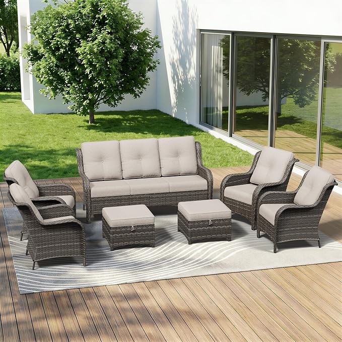 7 Piece Outdoor Wicker Patio Furniture Set, Patio Chairs Set with Thickened Olefin Cushions, High Back and Deep Seating, Hand-Woven PE Rattan, Ottoman for Porch, Deck
