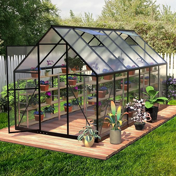 HOOYEAH Outdoor Polycarbonate Greenhouse, 6 x 12 FT Aluminum Frame Plant Green House with Locking Door & Roof Vent, Heavy Duty Winter Greenhouse for Backyard Gardening