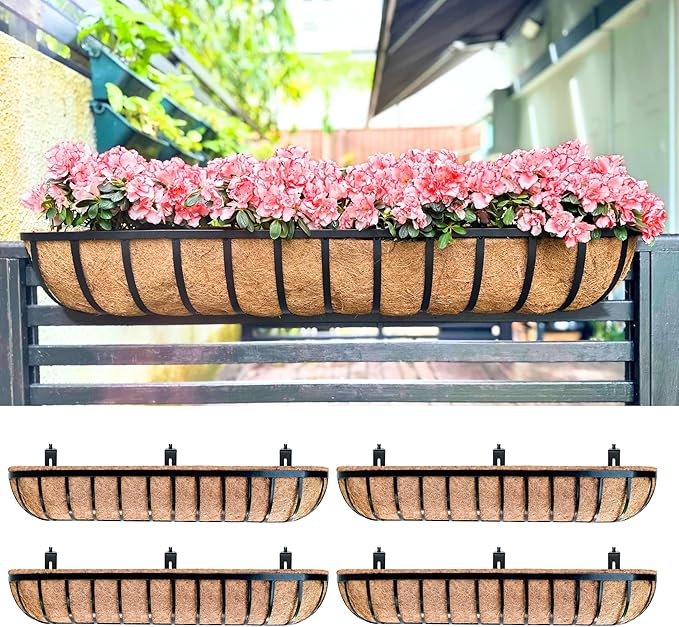 LaLaGreen Planter Boxes Outdoor (48 Inch, 4 Pack) Long Rectangular Deck Railings Flower Box with Coco Liner, Black Metal Balcony Bracket Hanging Planters for Plants Over Rails Fence Patio Porch Decor