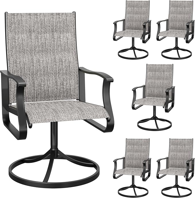 Patio Swivel Chairs Set of 6, Outdoor Dining Chairs with High Back, 360° Swivel Rocker Chair in All-Weather Padded Textilene & Metal Frame for Garden, Porch, Backyard, Balcony(Padded Grey)