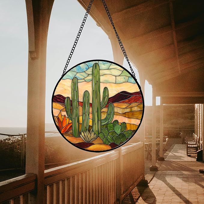 JOSUMALY Stained Glass Window Hanging, Green Cactus Sun Catcher for Door Terrace Garden Home Decor, Abstract Desert Landscape Suncatcher Birthday Gifts for Lovers Women Men Dad Mom Nana 7.8 in