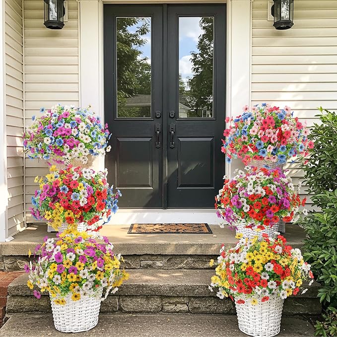 Artificial Spring Flowers Outdoors Faux Plants UV Resistant Plastic Flowers Outdoors Fake Greenery Plants Outside for Garden Porch Planters Silk Flowers Daisy Decor, 12 Bundles (Mix White Red Purple)