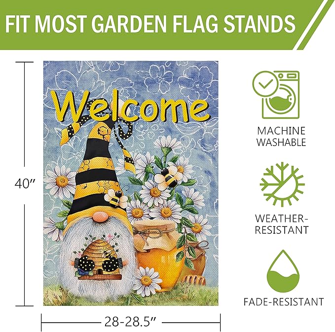Furiaz Welcome Spring Honey Bumble Bee Gnome House Flag, Summer Yard Home Decorative Outdoor Decoration, Daisy Flower Burlap Lawn Outside Large Decor Double Sided 28x40