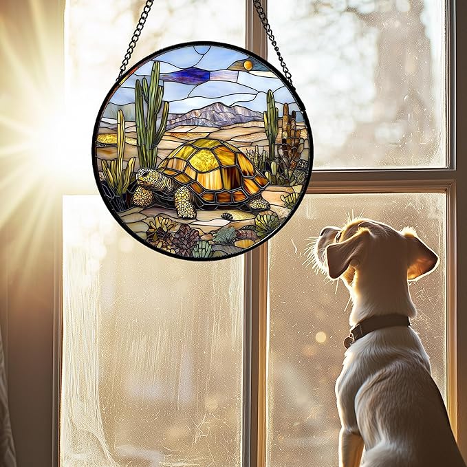 Stained Glass Window Hanging Golden Turtle Cactus Landscape 9.8" - Suncatcher Door Garden Sunroom Sun Catcher Home Decor Birthday Christmas for Mom Men Woman Nana