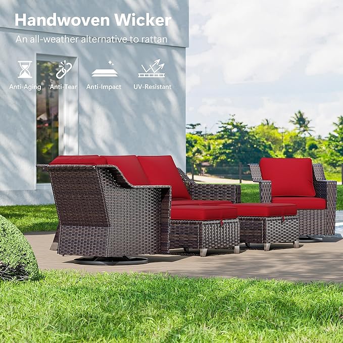Wicker Patio Swivel Chairs, Outdoor Rocking Chair with Wide Armrest, Thickened Cushions, Patio Rattan Furniture for Deck, Porch Use
