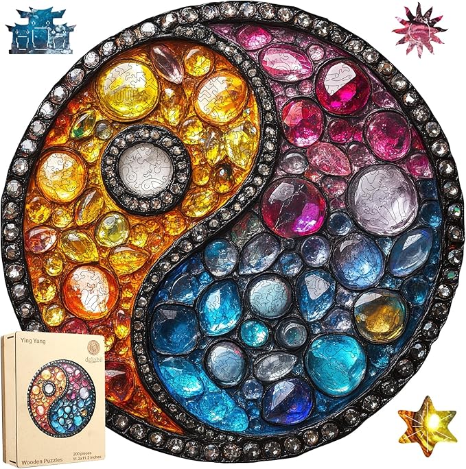 Delobil Puzzles for Adults 200 Pieces, 5MM Thick Colorful Crystal Yin-yang Wooden Puzzles, Gemstones Jigsaw Puzzles for Adults and Kids, Family Game Gift 11.2 * 11.2Inch