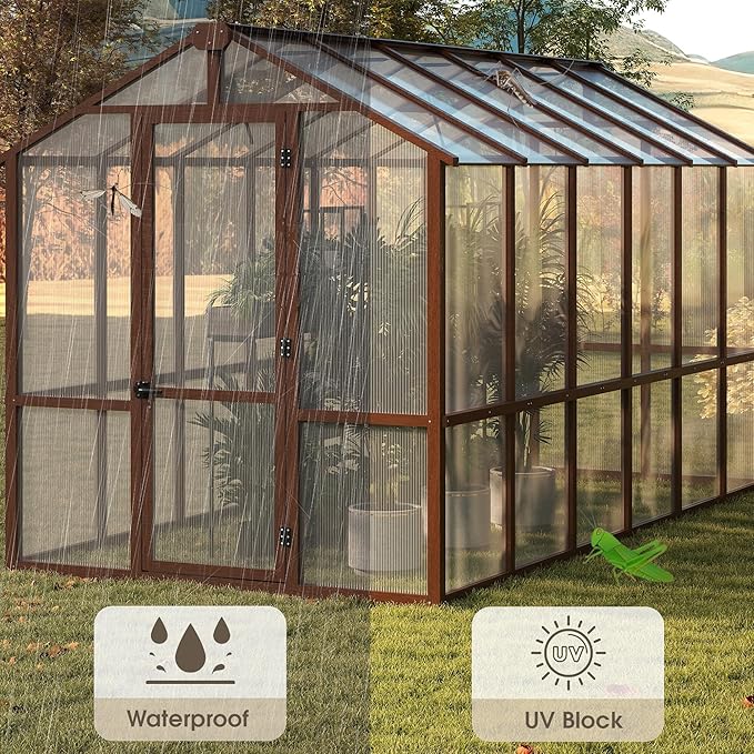 Large Walk in Greenhouse for Outdoors, 6x12 FT Length Heavy Duty Polycarbonate Panel Wooden Frame with Roof Vent & Lockable Outward-Opening Swing Door, All Season Garden Greenhouse for Backyard Patio