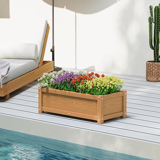 HDPE Planter Box, All-Weather Outdoor Garden Bed Easy to Assemble, Drainage System, Low Maintenance, Non-Fading, for Flower/Herb/Seed (Teak)