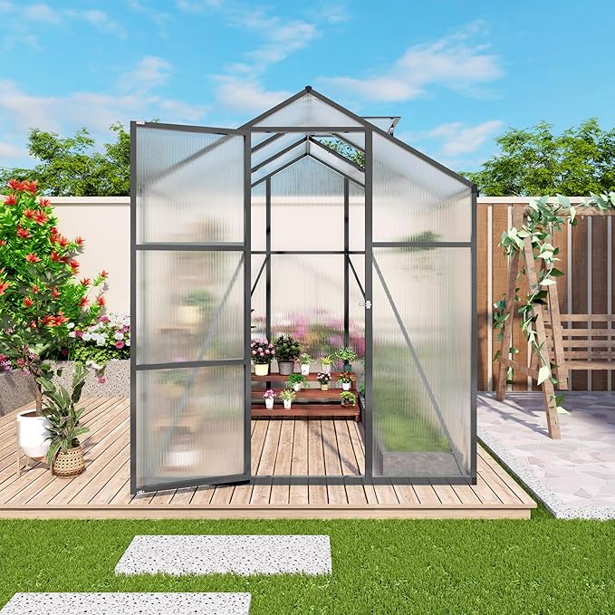 6x6 FT Greenhouse,Outdoor Greenhouse W/ Roof Vent,Walk-in Aluminum Polycarbonate Green House W/ Drainage System & Ground Nails,Green Houses for Outside Garden,Backyard,Patio,Lawn,Black