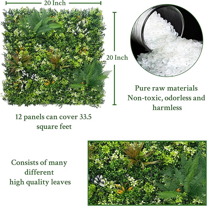 ODTORY Artificial Grass Boxwood Hedges Wall Panels: 20"x20" 12P UV-Anti Faux Greenery Fake Ivy Leaves Privacy Fence Screen Backdrop for Garden Covering Privacy, Outdoor Indoor Decor