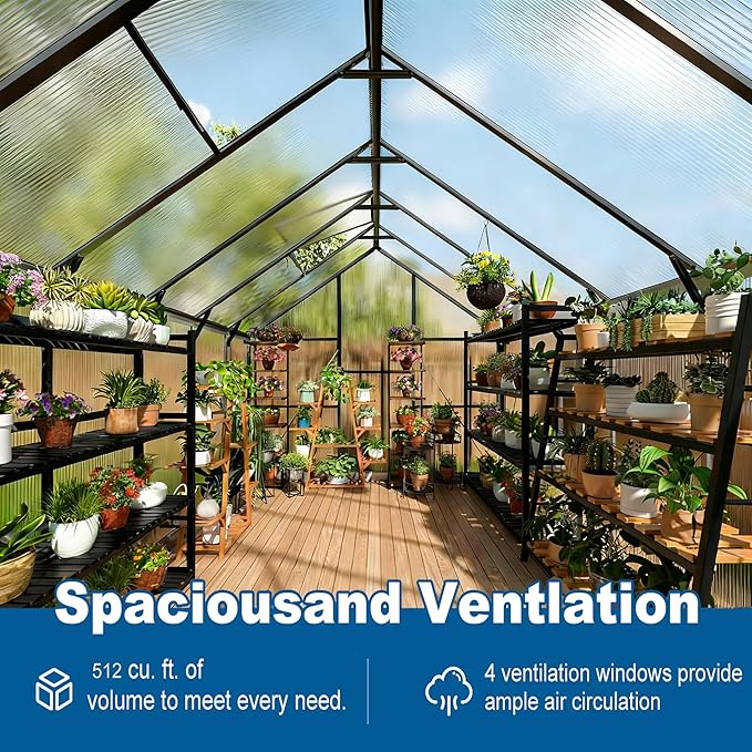 8x10 FT Outdoor Greenhouse for Winter Greenhouse Kit with Aluminum Frame, Polycarbonate Panels, Lockable Door, Adjustable Roof Vent, Heavy Duty Walk-in Design for Backyard, Garden and Patio