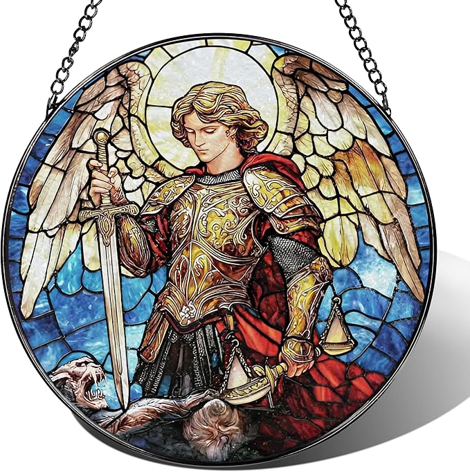 Stained Glass Suncatcher, Archangel Michael Sun Catcher Ornament; Stained Glass Window Hanging, Warrior Angel Window Decor, Spiritual Protection Decor, Christmas Ornament; Christian Religious Gifts