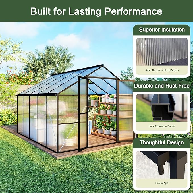 8X10 FT Greenhouses for Outdoors, Aluminum Large Polycarbonate Greenhouse, Quick Setup Walk in Green House with Roof Vent and Swing Lockable Door for Outside, Black (119" W x 96" D x 77" H)