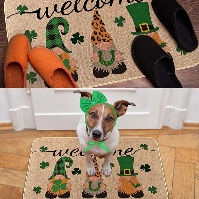 St. Patricks Day Door Mat Lucky Shamrocks Gnome Welcome Floor Mats Indoor Outdoor Rugs Saint Patrick's Day Decorations Kitchen Front Door Bathroom Rug Irish Doormats 17 x 30 Green