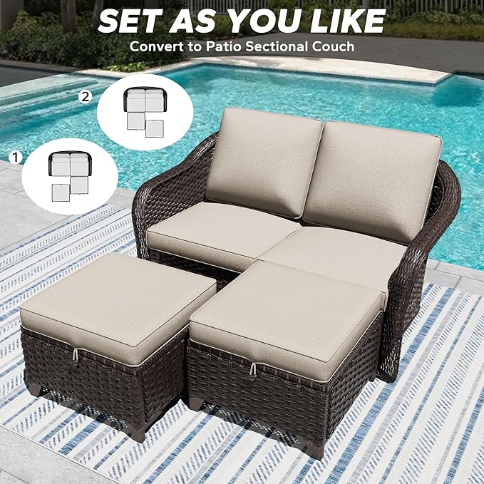 3 Pieces Patio sectional Sofa Set, Outdoor Conversation Furniture Set, 55" Patio Couch with 2 Ottomans, Rattan Wicker Sofa with Removable Cushions for Bistro, Deck (Beige)