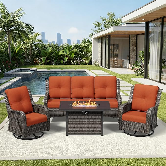 Joyside 4 Piece Wicker Patio Furniture Set with Fire Pit Table, Outdoor Swivel Rocker Patio Chairs with High Back, Deep Seating, Wide Armrest, Thickened Cushions, Outdoor Furniture for Deck, Porch Use