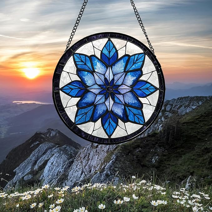 Stained Glass Window Hanging - Blue Snowflake Flowers Suncatcher for Doors Garden Patio Boho Sun Catchers Decor Christmas Mother's Day Birthday Gifts for Women Men Mom Nana Friend 15 in