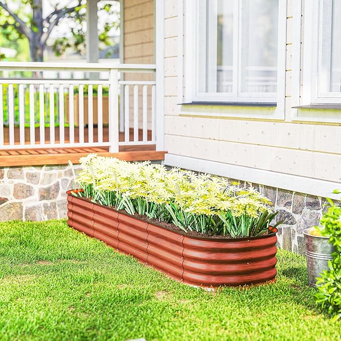 Outsunny 8' x 2' x 1' Galvanized Raised Garden Bed Kit, Outdoor Metal Elevated Planter Box with Safety Edging, Easy DIY Stock Tank for Growing Flowers, Herbs & Vegetables, Dark Brown