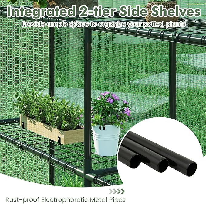 Happygrill Greenhouse for Outdoors, Portable Green House w/8 Shelves, Roll-Up Zippered Door, 2 Observation Windows & 2 Tiers, PE Cover, Wind Rope, Walk-in Greenhouse for Outside, 57”L x 57”W x 77”H
