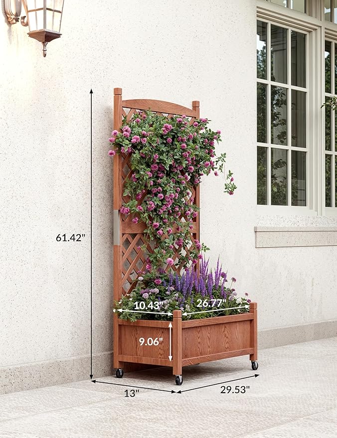 2 PCS Wooden Planter Box with Trellis, 29.5x13x61.5 in – Elevated Raised Garden Bed with Drainage Holes & Locking Wheels – Perfect for Outdoor, Balcony, or Indoor Gardening – Quick Assembly