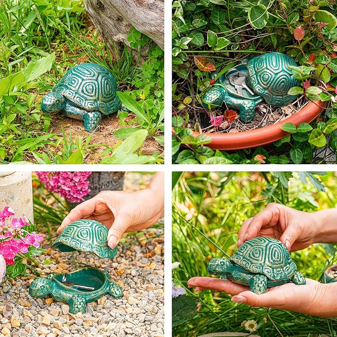 Sungmor Cast Iron Turtle Key Hider – Heavy Duty Indoor Outdoor Spare Key Holder & Garden Decor, Antique Green Small Animal Statue for Porch, Shelf, Patio