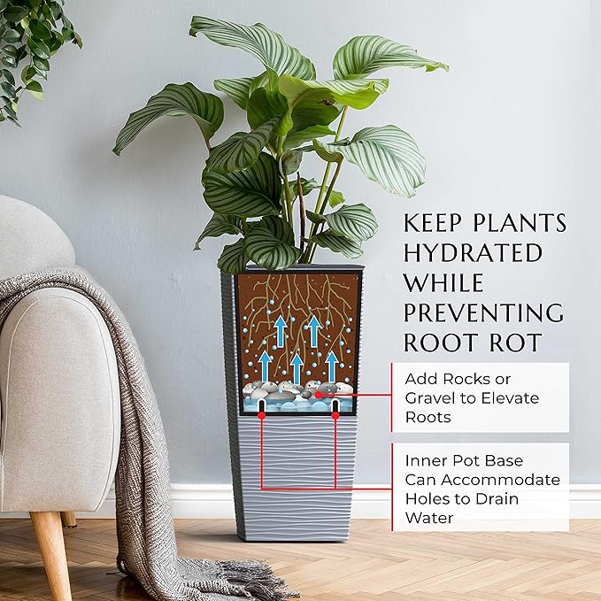 Mueller Janska M-Resin Heavy Duty Tall Planter, Indoor/Outdoor Grande Plant, Tree, Flower Pot, 2-Piece Set, 24”, Modern Design, Built-in Drainage, Light Gray