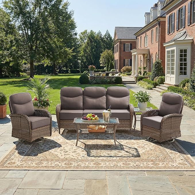 Luxury Patio Furniture Set with 6-inch Thick Cushions, Outdoor Furniture Set with High Back Swivel Chairs, 5 PCS Wicker Outdoor Conversation Set for Porch, Patio, Yard, Deck, Poolside, Brown/Grey