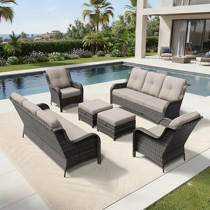 Joyside 6 Piece Wicker Patio Furniture Set, Rattan Patio Chairs with High Back, Deep Seating, Wide Armrest, Thickened Cushions, Outdoor Furniture for Deck, Porch Use