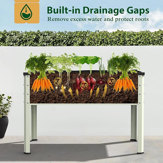 BlueWish 48" W x 24" D x 32" H Raised Garden Bed, Garden Bed with Detachable Black Liner, Drainage Gaps, Galvanized Raised Garden Beds Outdoor 7.5 Cubic Feet, Gardening, Vegetable, Flower, Beige