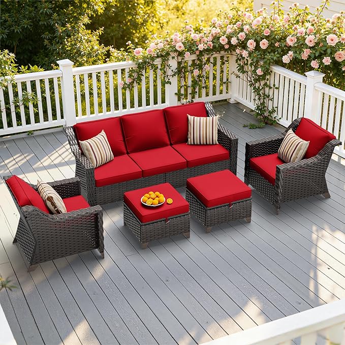 5 Pieces Patio Conversation Furniture Set - 1 Sofa, 2 Armchairs, 2 Ottomans, Outdoor Wicker Furniture with Removable Cushions for Porch, Balcony, Sunroom (Red)