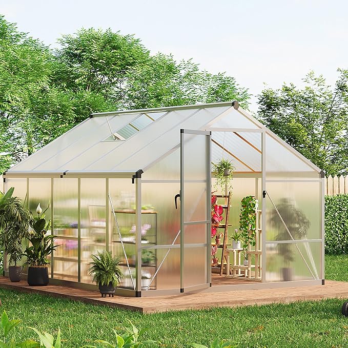 8X10FT Outdoor Greenhouse, Aluminum Polycarbonate House, Green Houses for Outside with Sliding Doors, Ajustable Roof Vent, Withstands Bad Weather for Garden, or Backyard, Silver