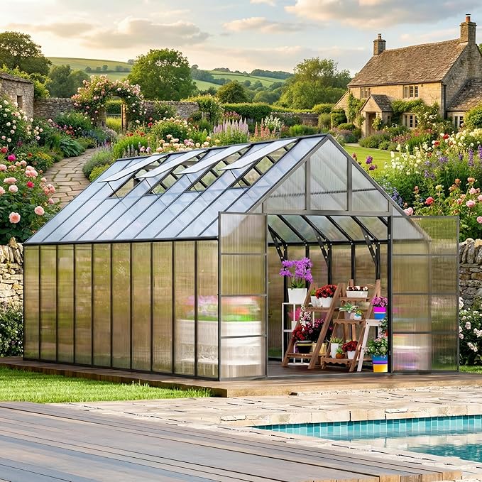 10*20 FT Aluminum-Framed Greenhouses for Outdoors Heavy Duty, Polycarbonate Greenhouse with Quick Setup Structure and Double Door, Walk-in Greenhouse kit for Garden & Backyard